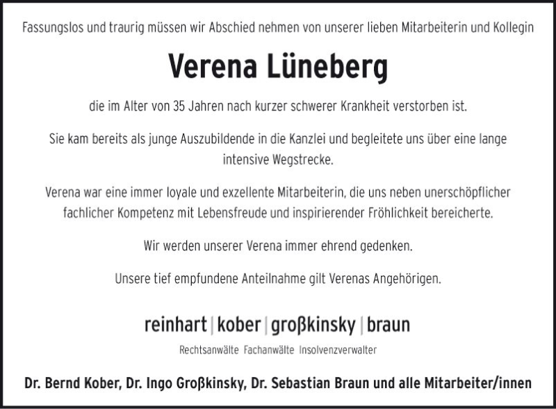  Traueranzeige für Verena Lüneberg vom 06.11.2019 aus Fränkische Nachrichten
