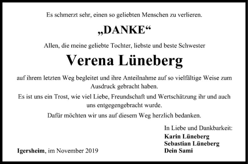  Traueranzeige für Verena Lüneberg vom 23.11.2019 aus Fränkische Nachrichten