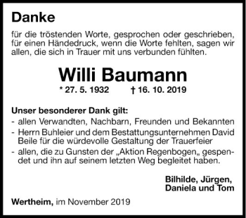 Traueranzeige von Willi Baumann von Fränkische Nachrichten