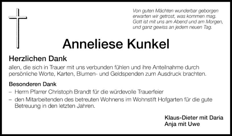  Traueranzeige für Anneliese Kunkel vom 04.12.2019 aus Fränkische Nachrichten