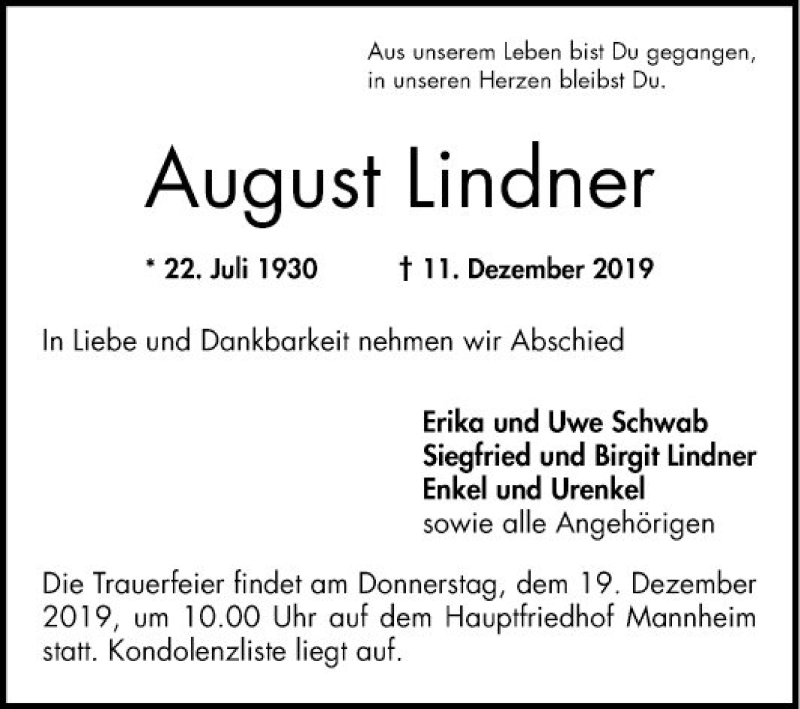  Traueranzeige für August Lindner vom 14.12.2019 aus Mannheimer Morgen