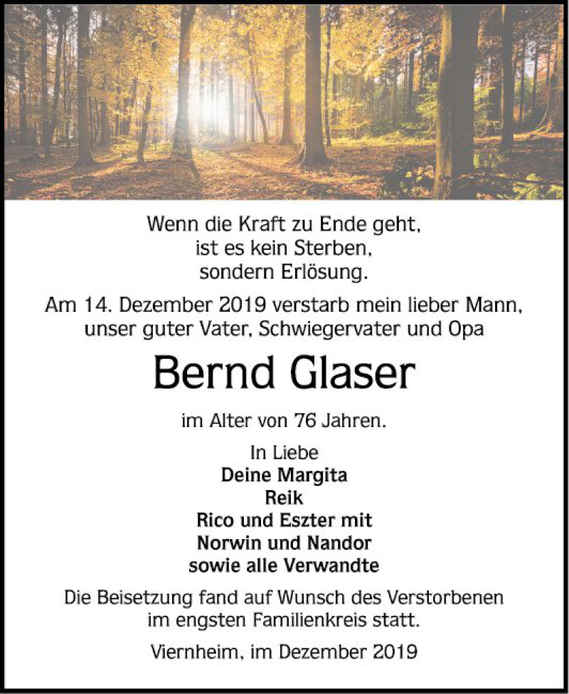  Traueranzeige für Bernd Glaser vom 21.12.2019 aus Südhessen Morgen