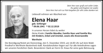 Traueranzeige von Elena Haar von Fränkische Nachrichten