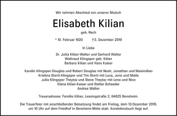 Traueranzeige von Elisabeth Kilian von Bergsträßer Anzeiger