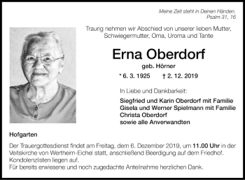 Traueranzeige von Erna Oberdorf von Fränkische Nachrichten