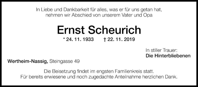  Traueranzeige für Ernst Scheurich vom 30.11.2019 aus Fränkische Nachrichten
