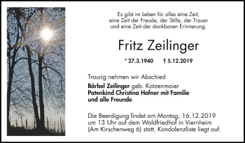 Traueranzeige von Fritz Zeilinger von Mannheimer Morgen