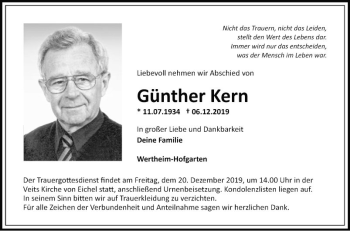 Traueranzeige von Günther Kern von Fränkische Nachrichten