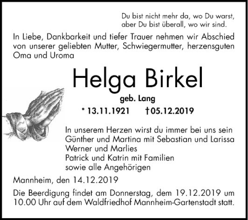  Traueranzeige für Helga Birkel vom 14.12.2019 aus Mannheimer Morgen