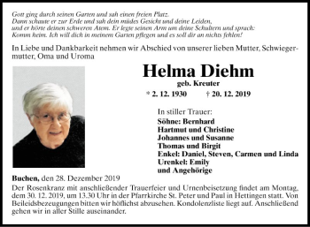 Traueranzeige von Helma Diehm von Fränkische Nachrichten