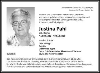 Traueranzeige von Justina Pahl von Fränkische Nachrichten