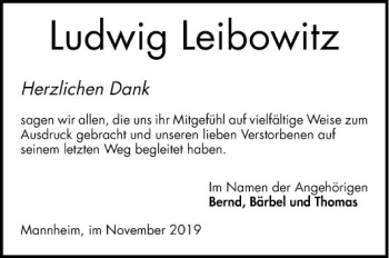 Traueranzeige von Ludwig Leibowitz von Mannheimer Morgen