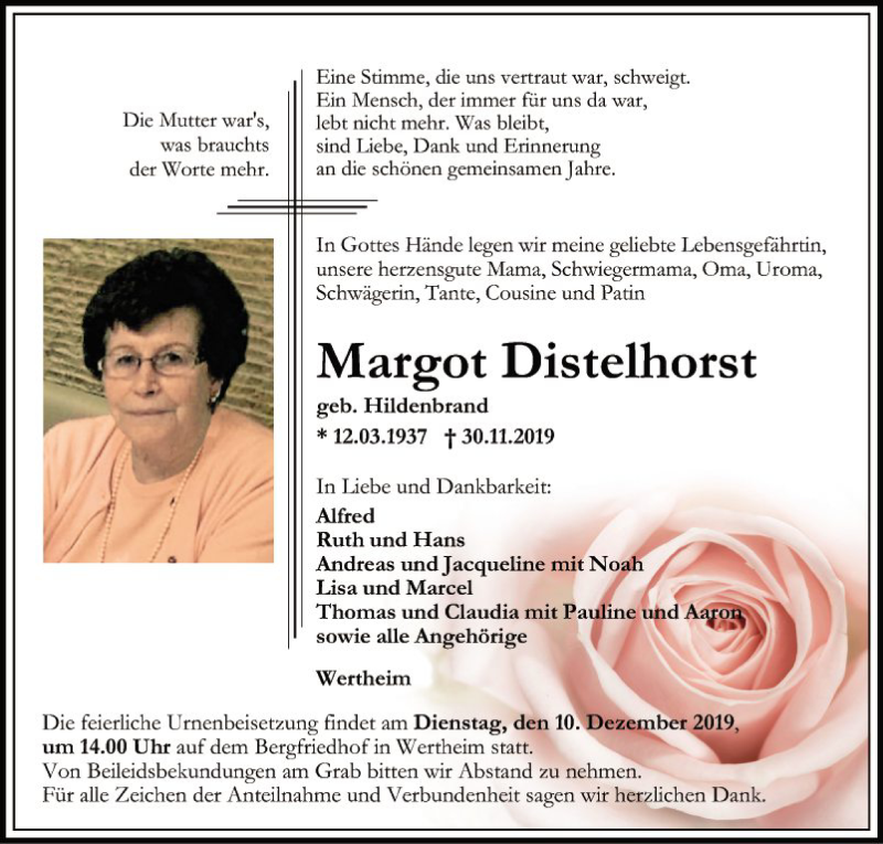  Traueranzeige für Margot Distelhorst vom 04.12.2019 aus Fränkische Nachrichten