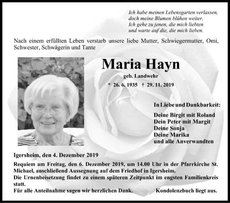  Traueranzeige für Maria Hayn vom 04.12.2019 aus Fränkische Nachrichten