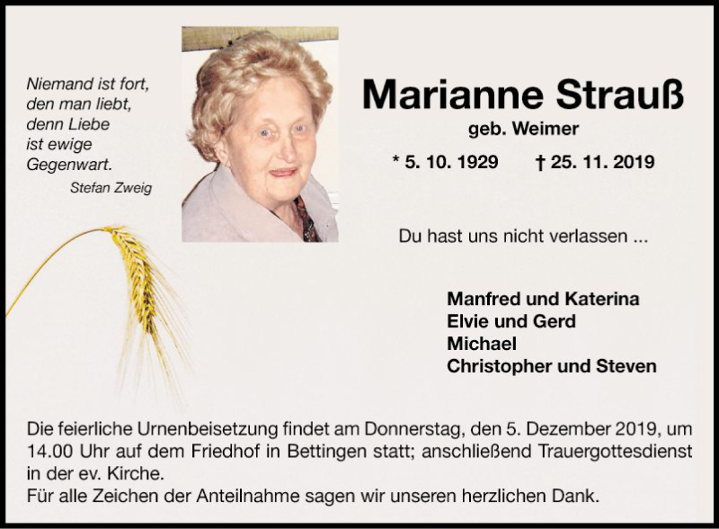  Traueranzeige für Marianne Strauß vom 30.11.2019 aus Fränkische Nachrichten