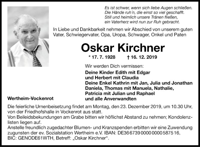  Traueranzeige für Oskar Kirchner vom 21.12.2019 aus Fränkische Nachrichten
