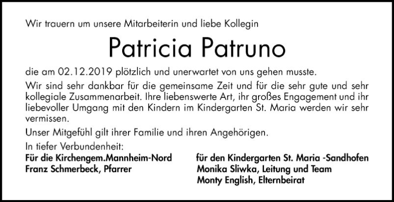  Traueranzeige für Patricia Patruno vom 13.12.2019 aus Mannheimer Morgen