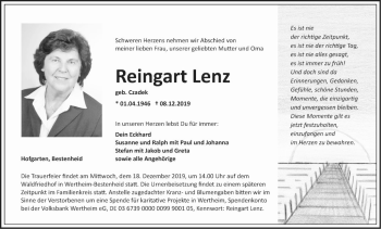 Traueranzeige von Reingart Lenz von Fränkische Nachrichten
