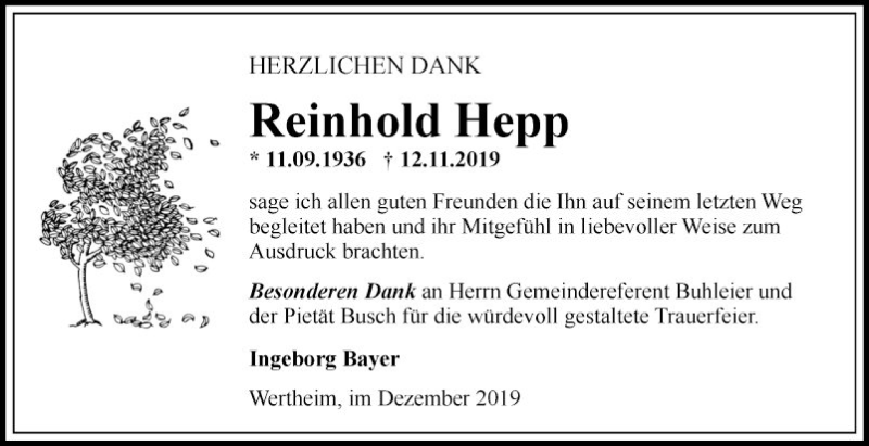  Traueranzeige für Reinhold Hepp vom 14.12.2019 aus Fränkische Nachrichten