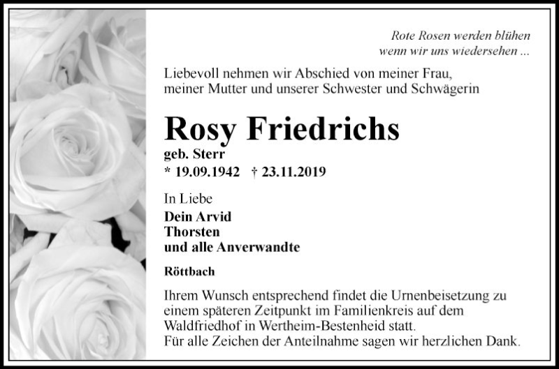  Traueranzeige für Rosy Friedrichs vom 30.11.2019 aus Fränkische Nachrichten