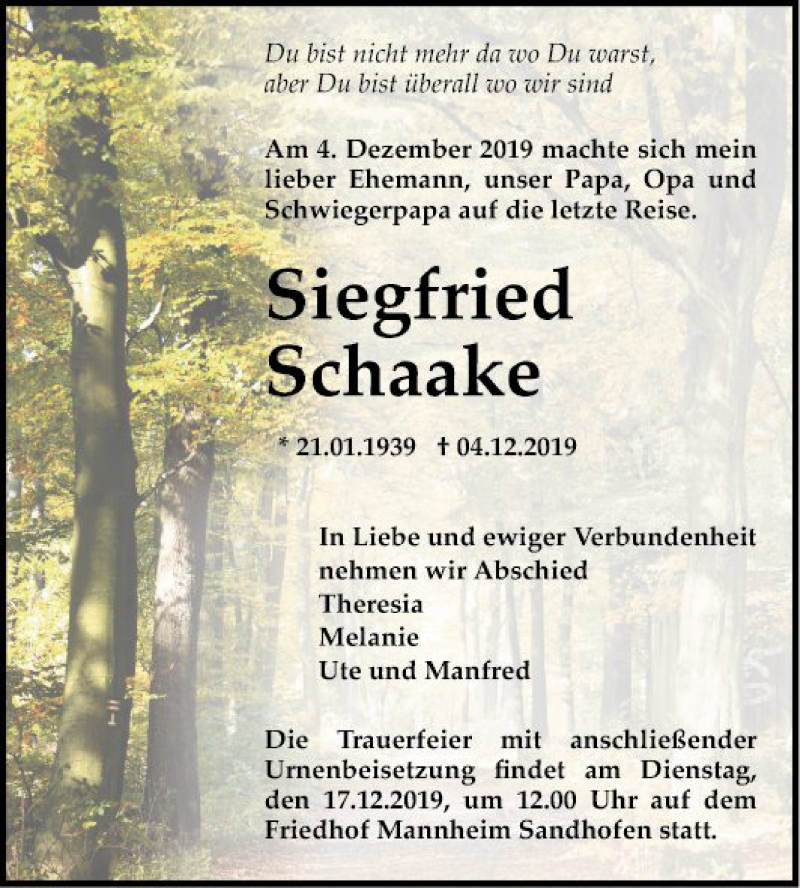  Traueranzeige für Siegfried Schaake vom 13.12.2019 aus Mannheimer Morgen