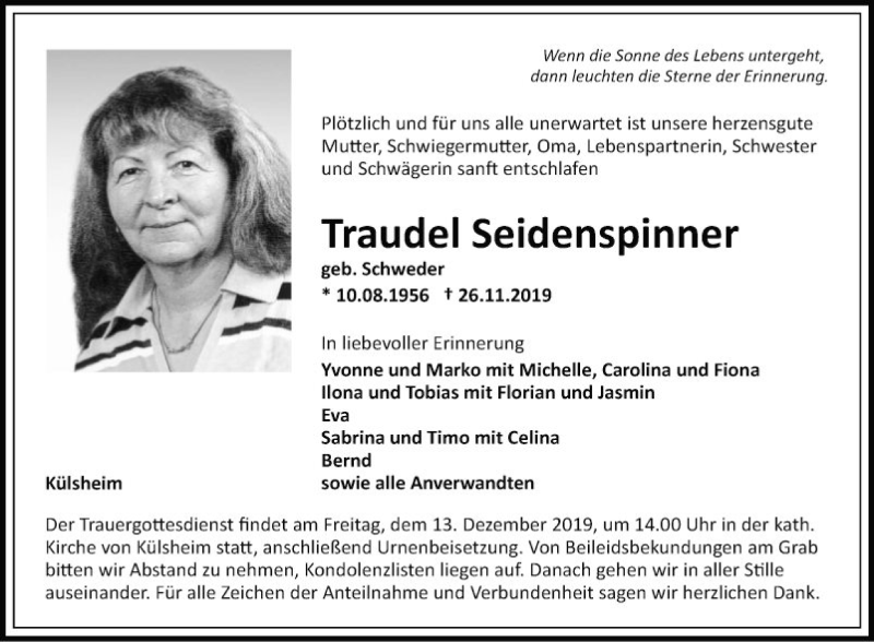  Traueranzeige für Traudel Seidenspinner vom 07.12.2019 aus Fränkische Nachrichten