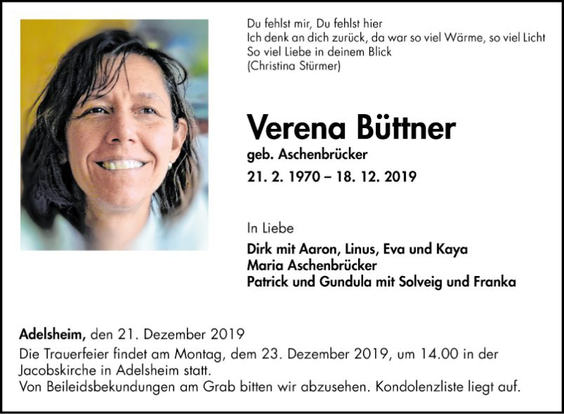  Traueranzeige für Verena Büttner vom 21.12.2019 aus Fränkische Nachrichten