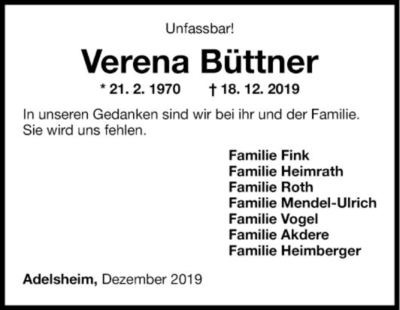  Traueranzeige für Verena Büttner vom 23.12.2019 aus Fränkische Nachrichten
