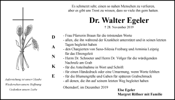 Traueranzeige von Walter Egeler von Fränkische Nachrichten