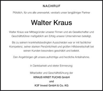 Traueranzeige von Walter Kraus von Fränkische Nachrichten