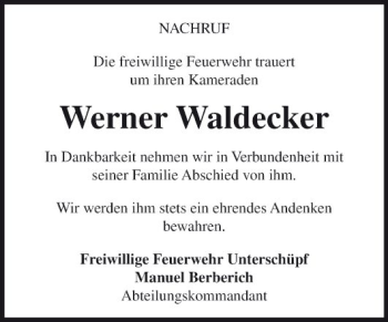 Traueranzeige von Werner Waldecker von Fränkische Nachrichten