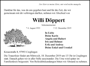 Traueranzeige von Willi Döppert von Fränkische Nachrichten