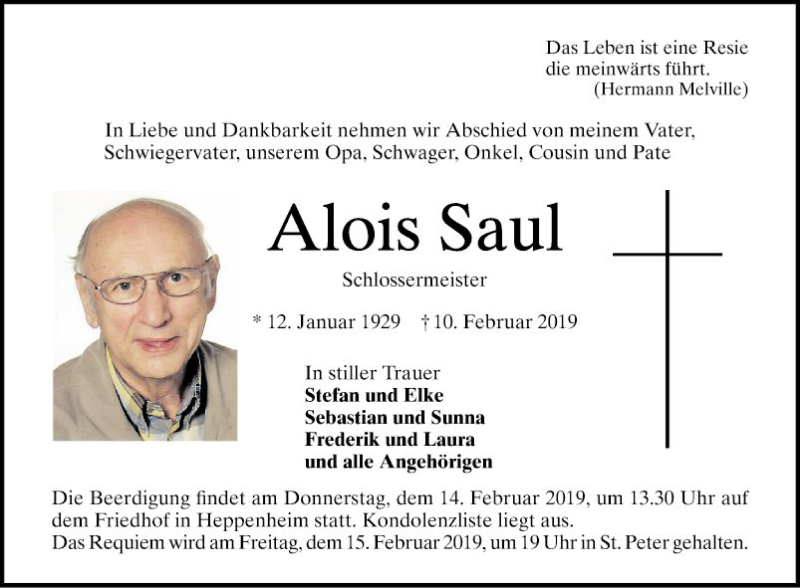  Traueranzeige für Alois Saul vom 13.02.2019 aus Bergsträßer Anzeiger