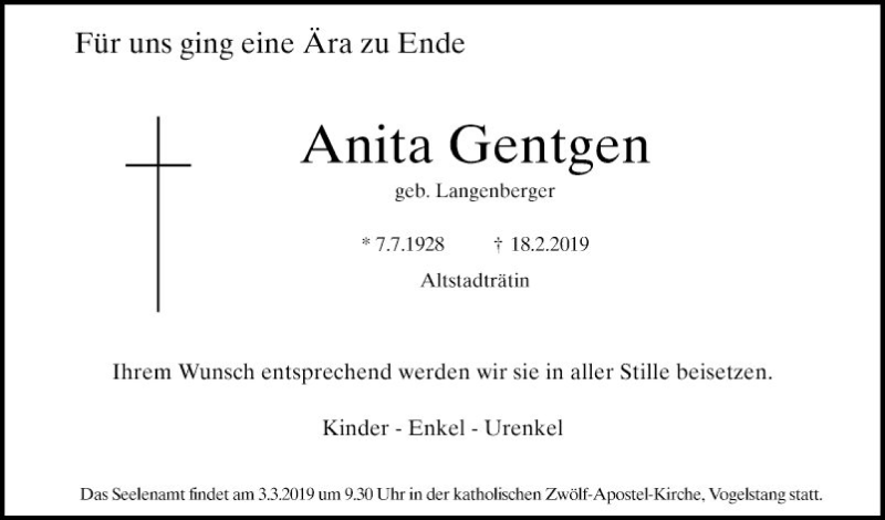  Traueranzeige für Anita Gentgen vom 23.02.2019 aus Mannheimer Morgen