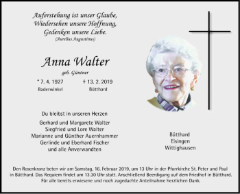 Traueranzeige von Anna Walter von Fränkische Nachrichten