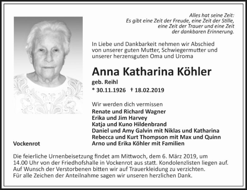  Traueranzeige für Anna Katharina Köhler vom 01.03.2019 aus Fränkische Nachrichten