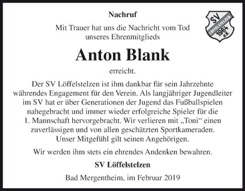  Traueranzeige für Anton Blank vom 19.02.2019 aus Fränkische Nachrichten