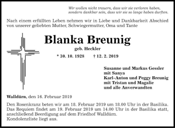 Traueranzeige von Blanka Breunig von Fränkische Nachrichten