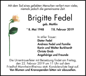 Traueranzeige von Brigitte Fedel von Mannheimer Morgen