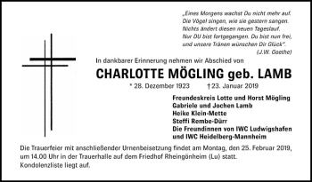 Traueranzeige von Charlotte  Mögling von Mannheimer Morgen