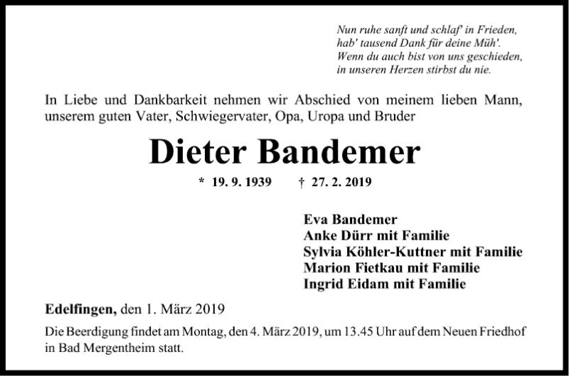  Traueranzeige für Dieter Bandemer vom 01.03.2019 aus Fränkische Nachrichten