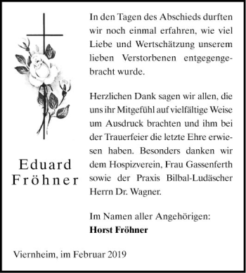 Traueranzeige von Eduard Fröhner von Südhessen Morgen