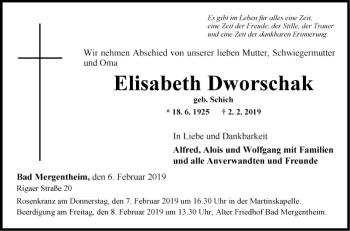 Traueranzeige von Elisabeth Dworschak von Fränkische Nachrichten