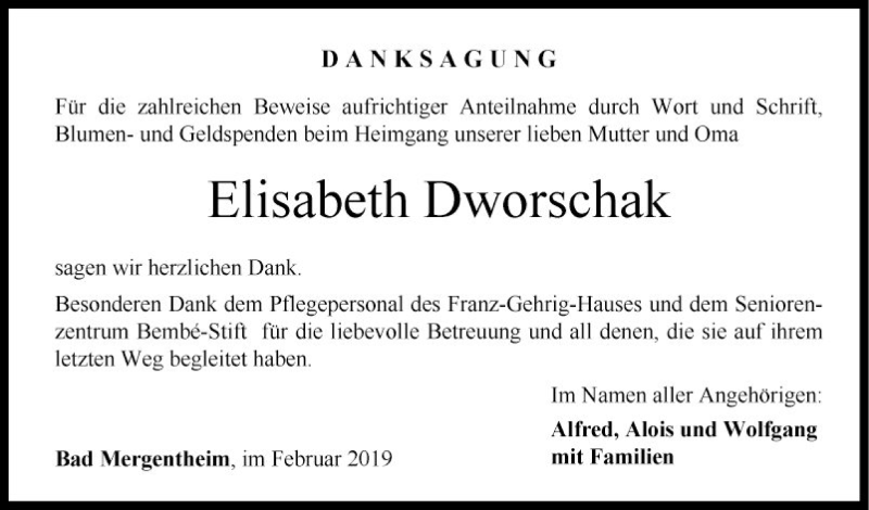  Traueranzeige für Elisabeth Dworschak vom 23.02.2019 aus Fränkische Nachrichten