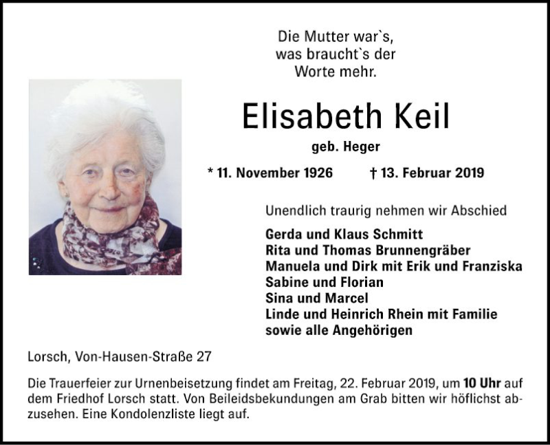  Traueranzeige für Elisabeth Keil vom 20.02.2019 aus Bergsträßer Anzeiger