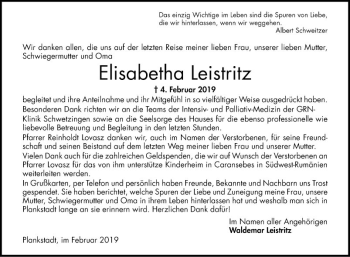 Traueranzeige von Elisabetha Leistritz von Schwetzinger Zeitung