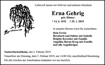 Traueranzeige von Erna Gehrig von Fränkische Nachrichten