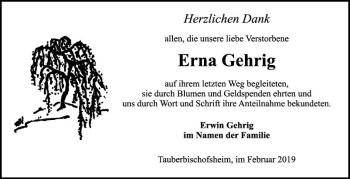 Traueranzeige von Erna Gehrig von Fränkische Nachrichten