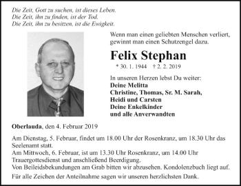 Traueranzeige von Felix Stephan von Fränkische Nachrichten