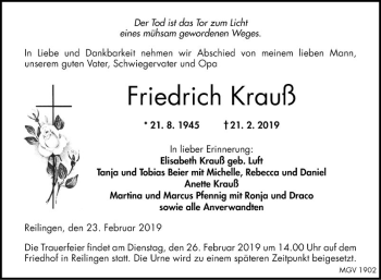 Traueranzeige von Friedrich Krauß von Schwetzinger Zeitung